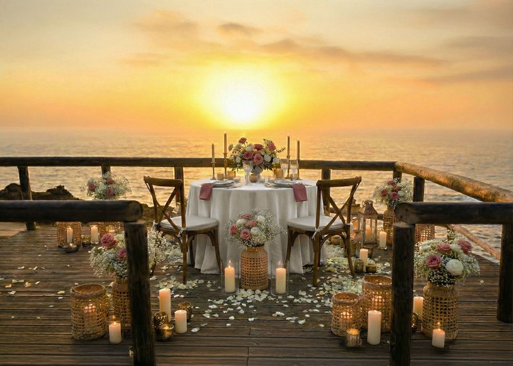 Romantic sunset dinner setup on oceanfront deck with lanterns, rose petals and elegant table decor at golden hour.