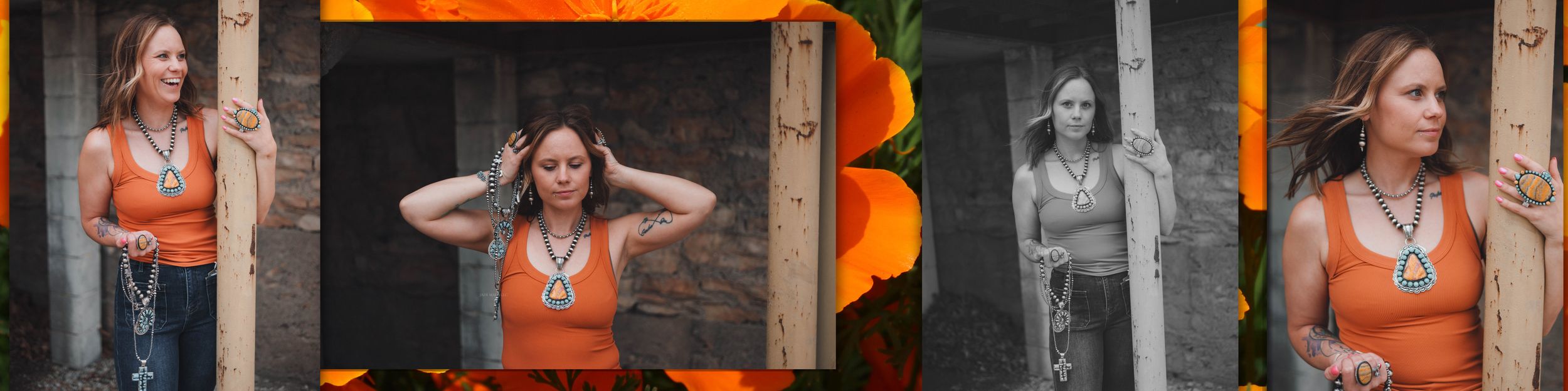 A series of fashion photos showing a person in an orange tank top posing against a rustic stone wall backdrop.