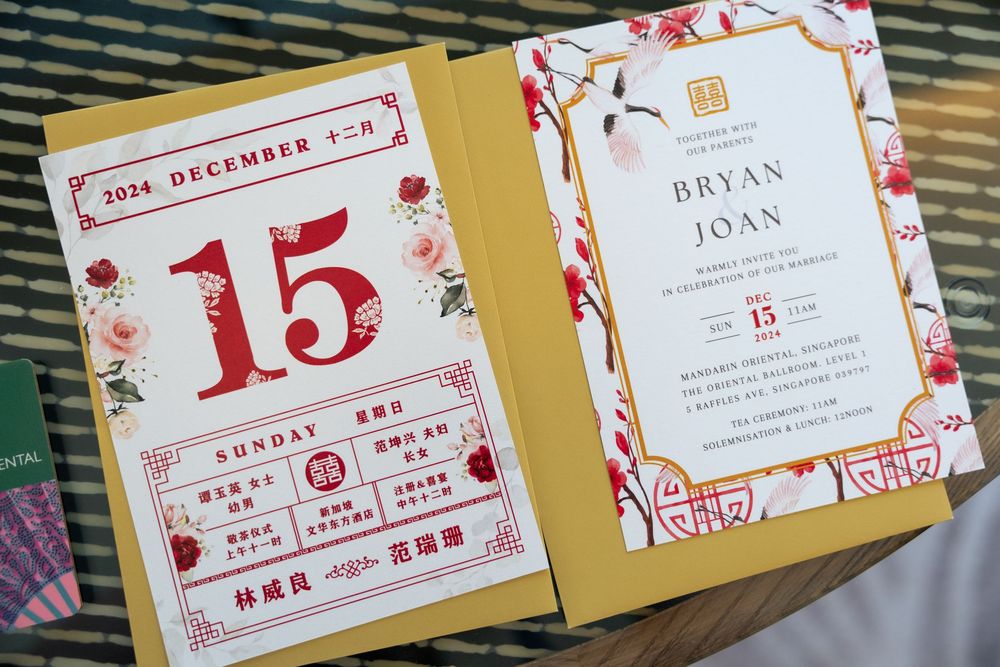 White and red wedding invitation suite with floral designs and gold accents displayed in multiple close-up shots.