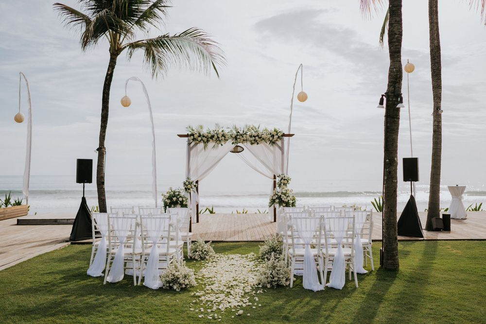 Beachside wedding ceremony setup with white chairs and tropical palm trees.
