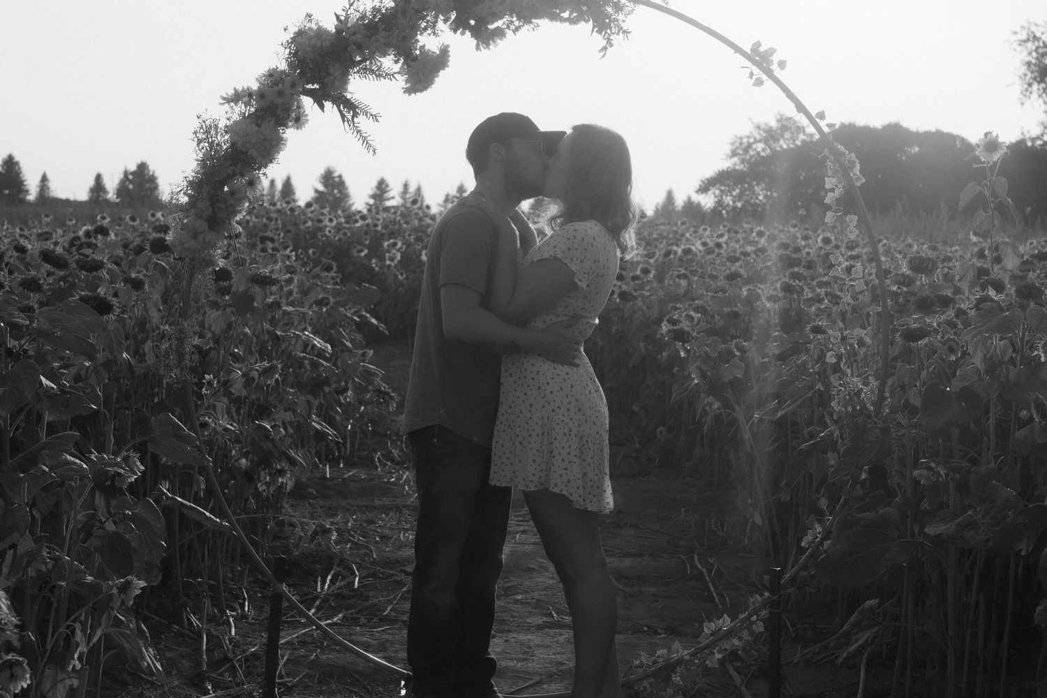 A black and white film strip showing a couple in silhouette embracing in various romantic poses outdoors.