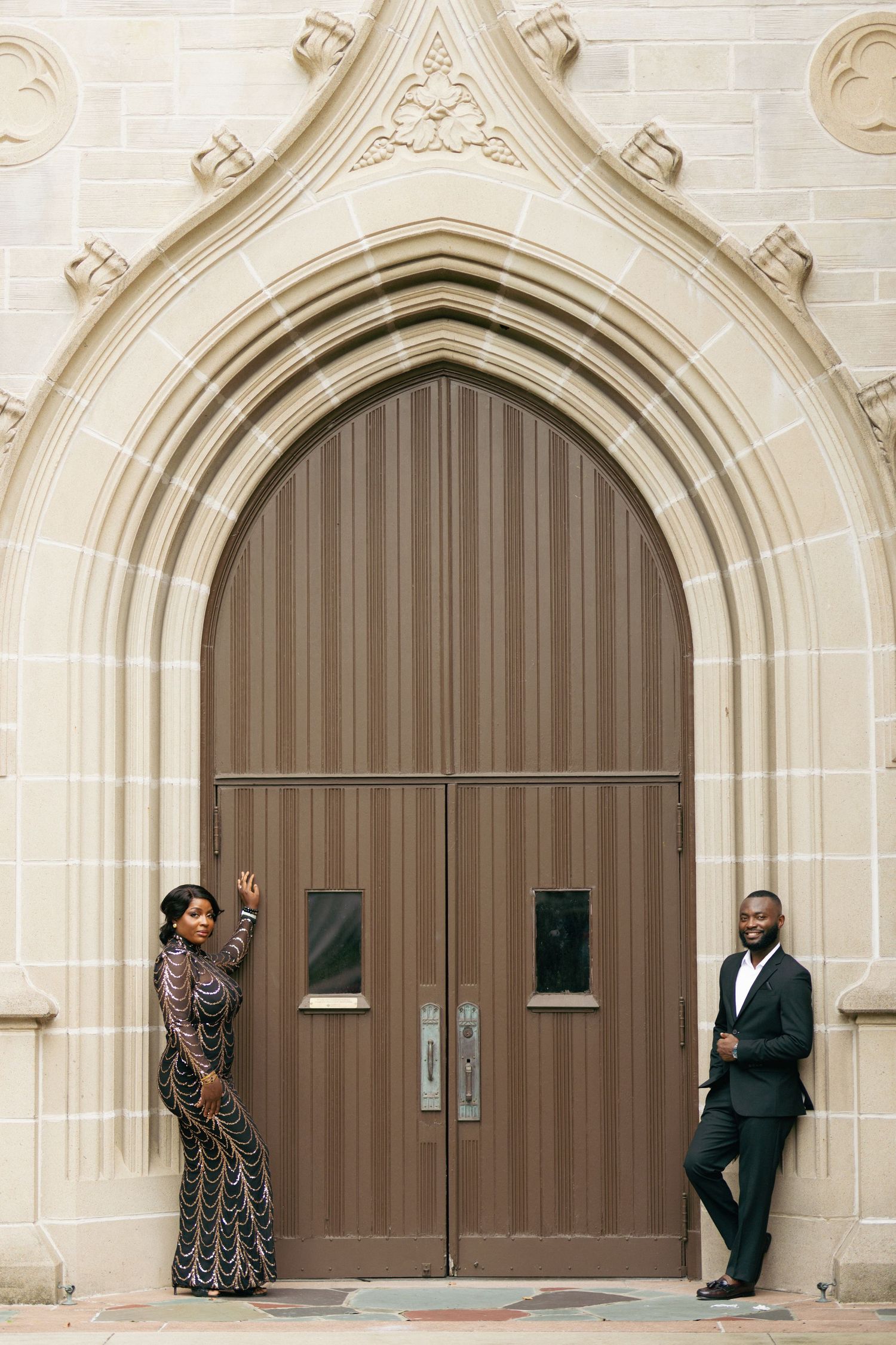 Three photos of a couple posing against gothic arched church doorways during a romantic photoshoot.