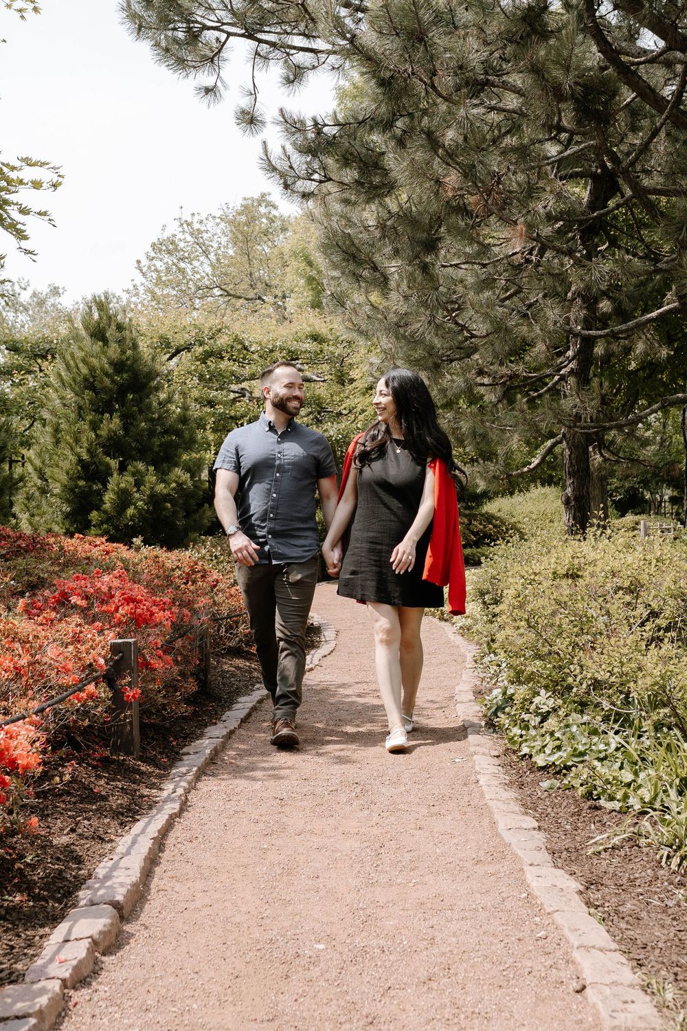 A couple strolls along a winding garden path bordered by colorful azalea bushes and pine trees.