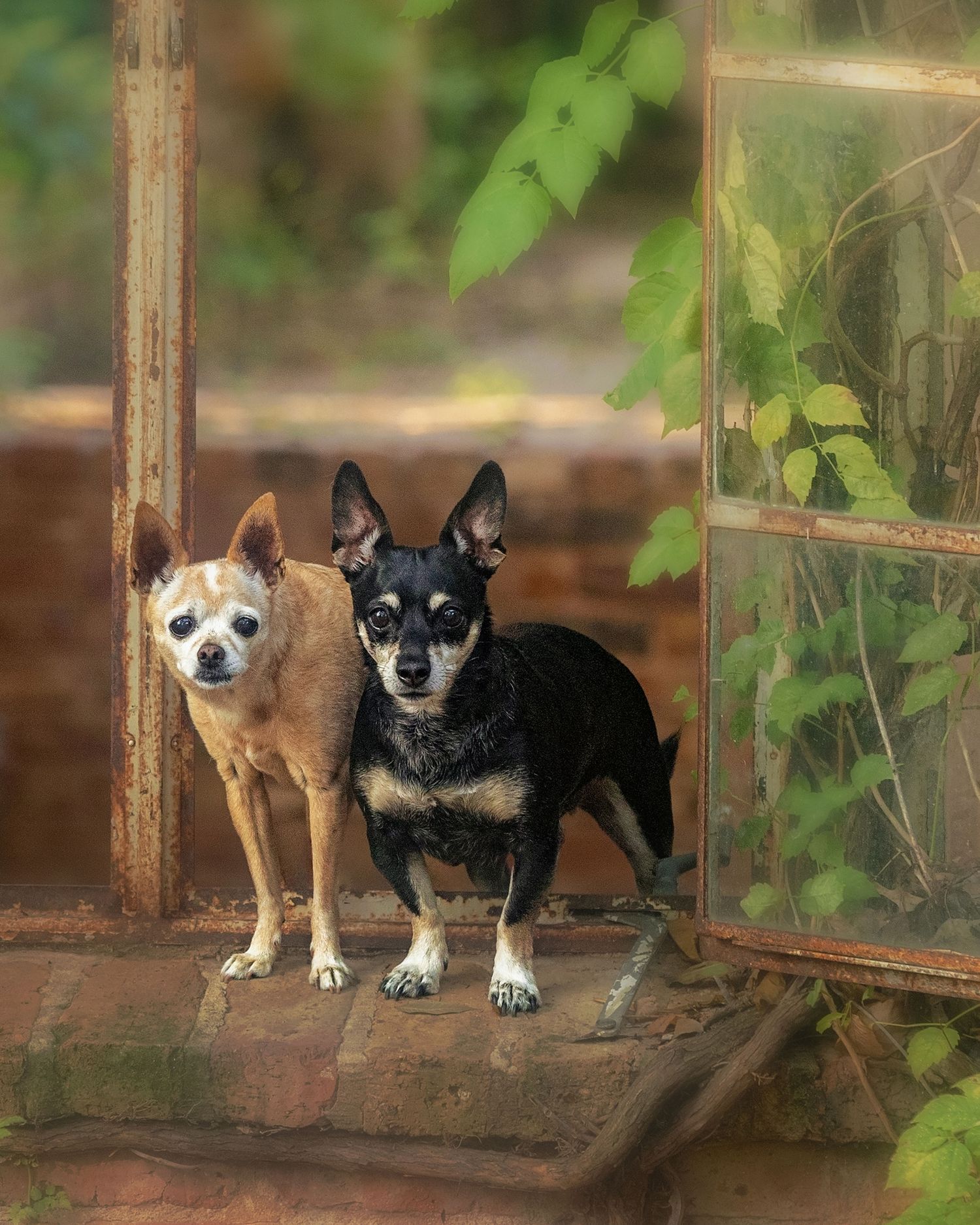 Two chihuahuas stand together inside an open window of a greenhouse with green foliage in the background.