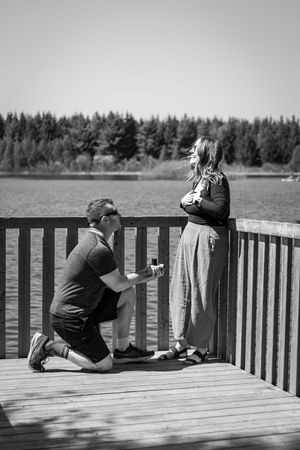 Surprise proposal at Island Lake Orangeville with beautiful sunny skies