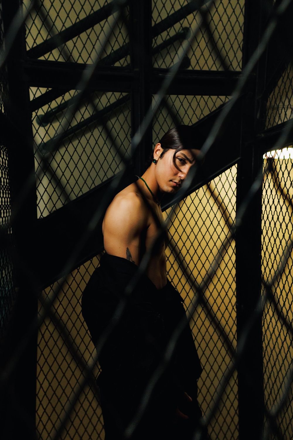 Dramatic shadow portrait through metal fence creates moody geometric patterns.