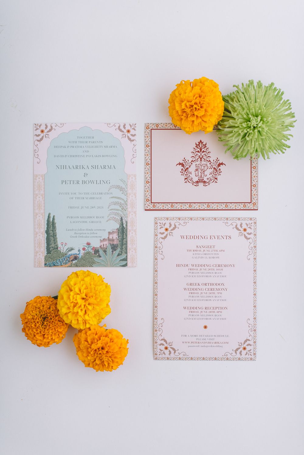 Elegant wedding invitation suite with peach floral borders and marigold orange and green floral accents on light background.