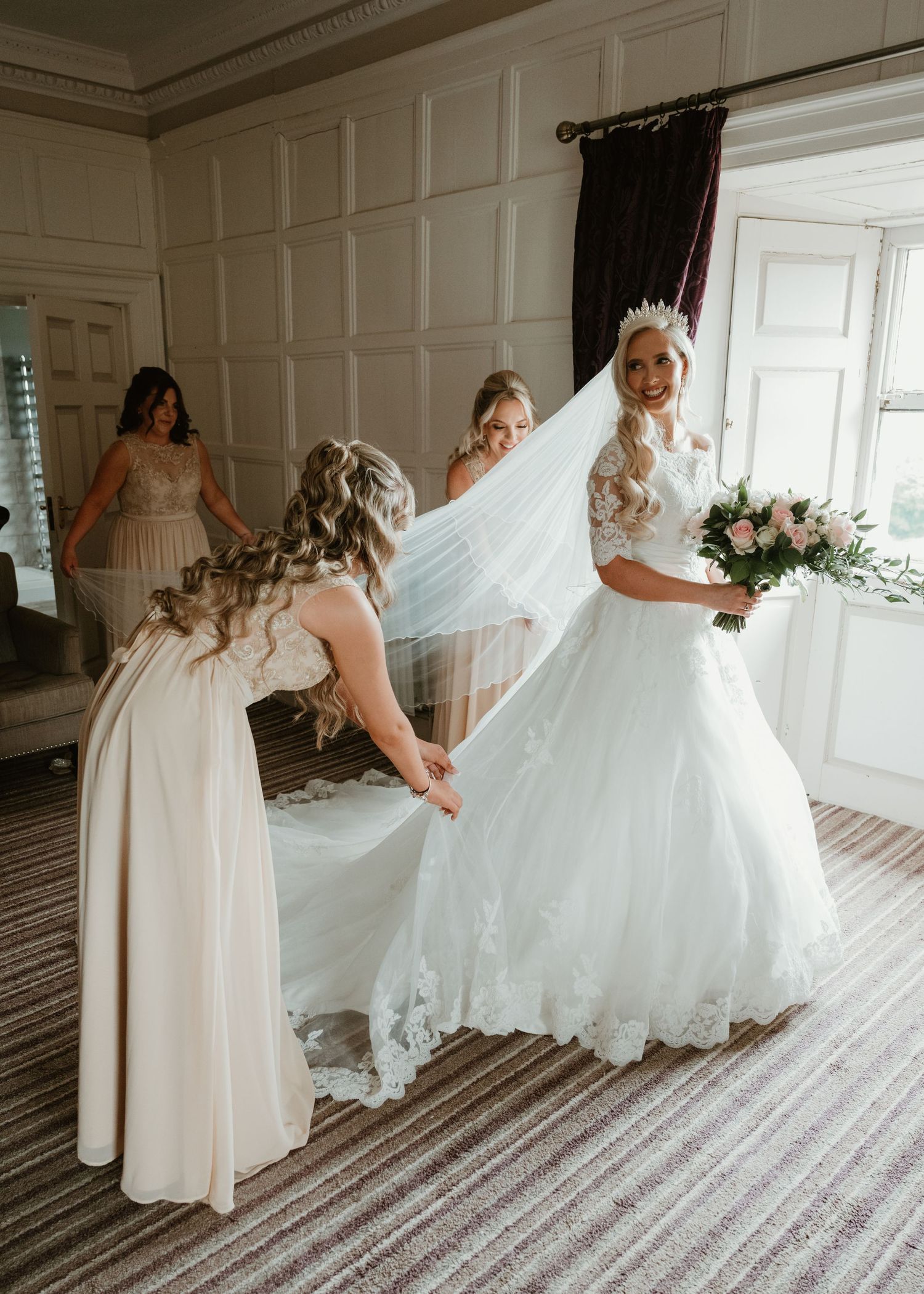 Wedding dress preparation sequence showing details of white gown and styling.