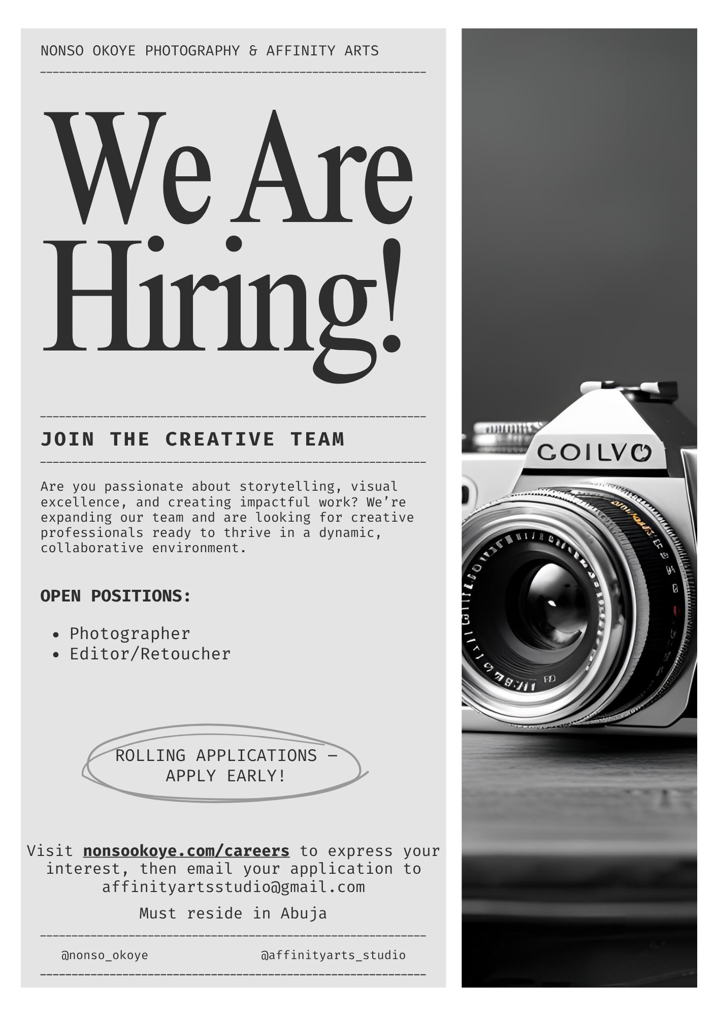A black and white photo collage of creative job postings and 'We Are Hiring' text for a photography company.