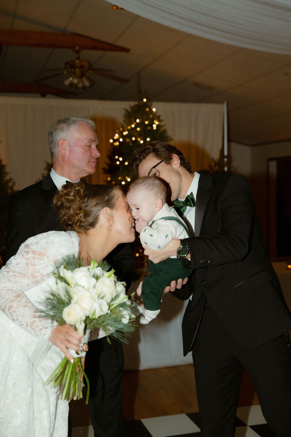 Sequence of wedding photos showing a couple in white dress and black suit sharing intimate moments during their ceremony.