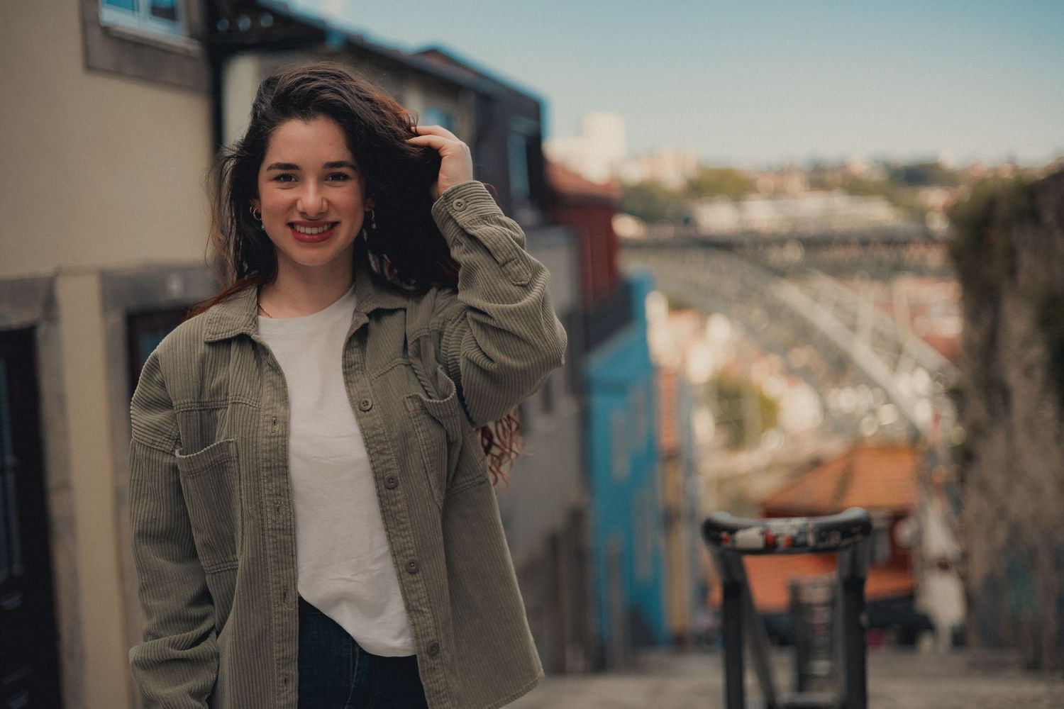 Casual street style photos near historic buildings with warm evening lighting.