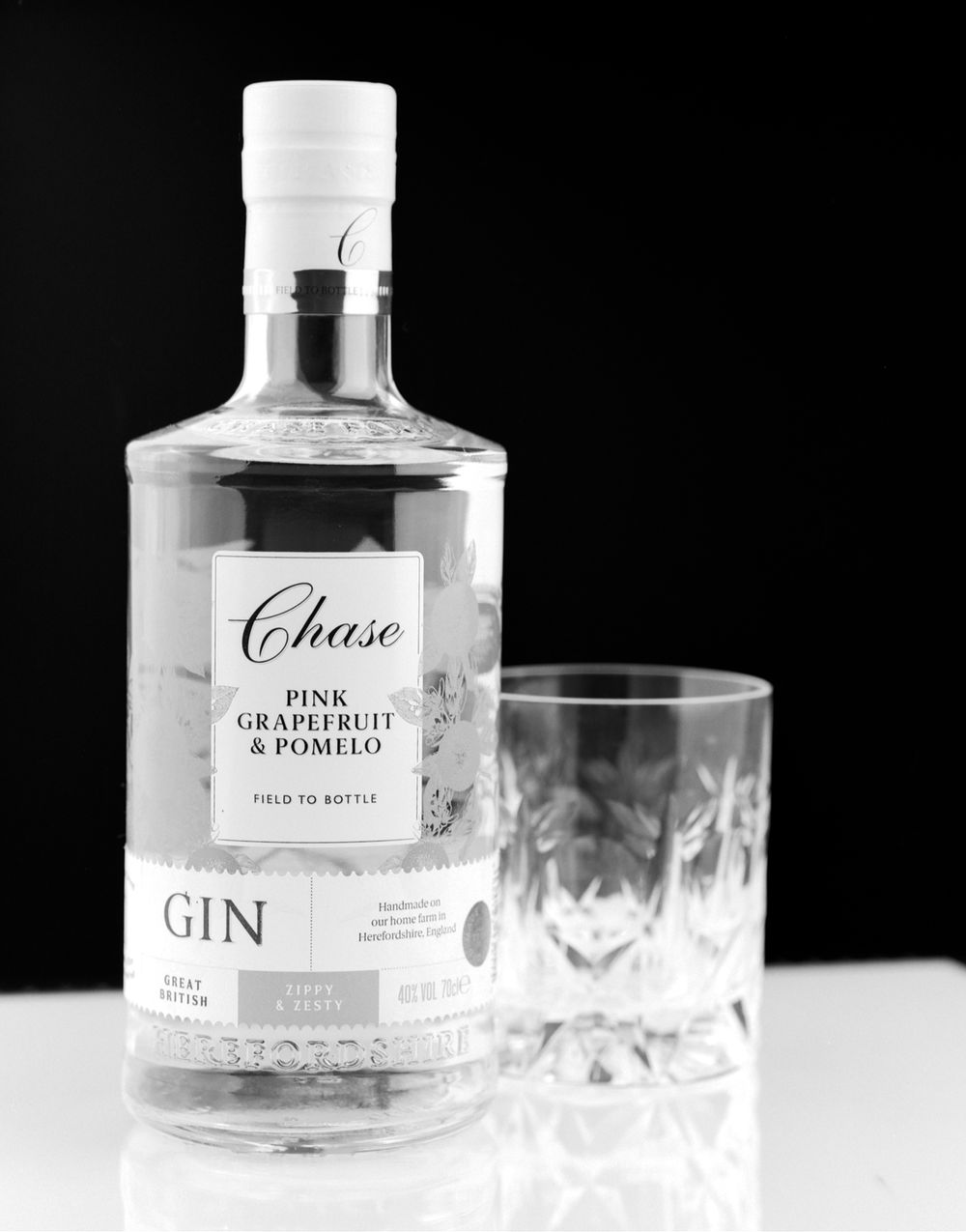 Product Photograph of Chase Gin Bottle and Glass captured during a studio shoot in Derby