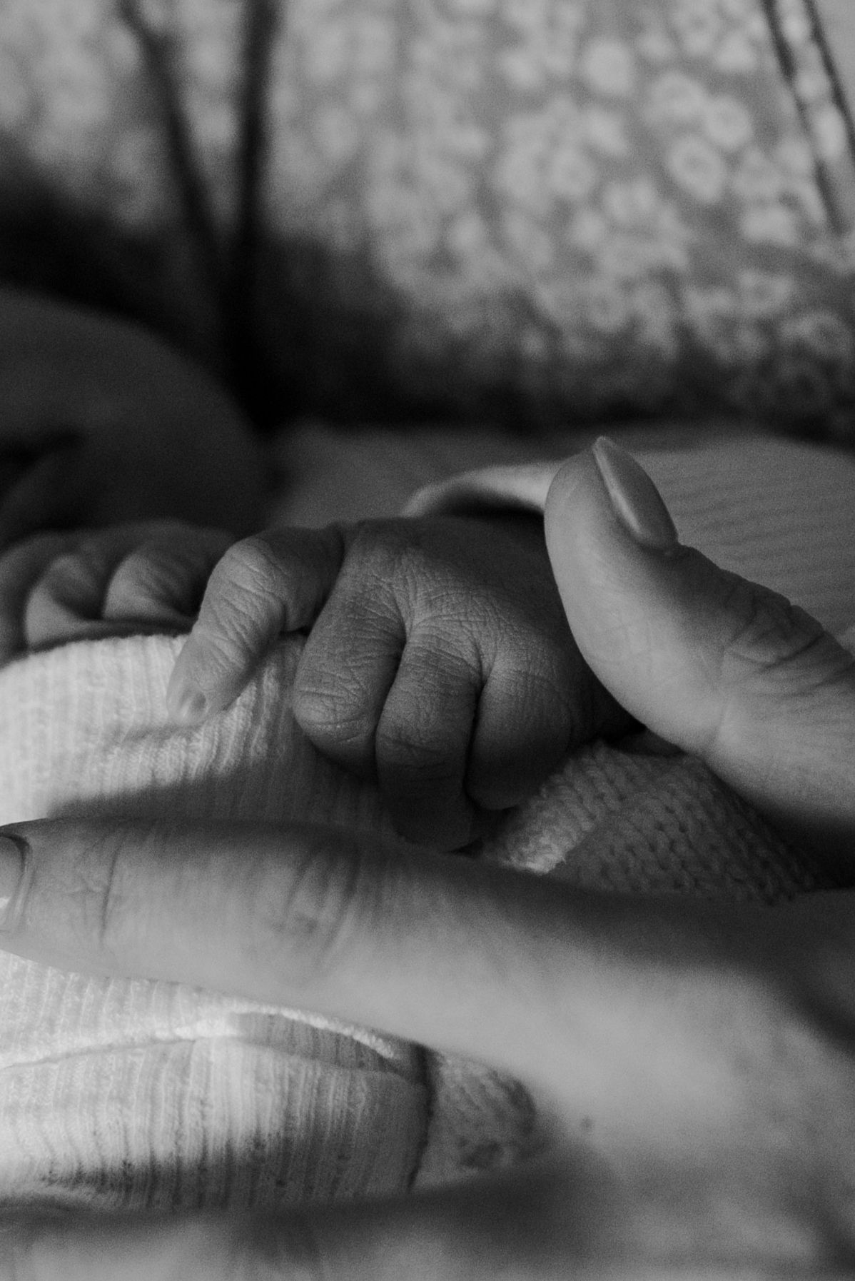 Black and white close-up images showing a sequence of hands holding and grasping each other in an artistic composition.