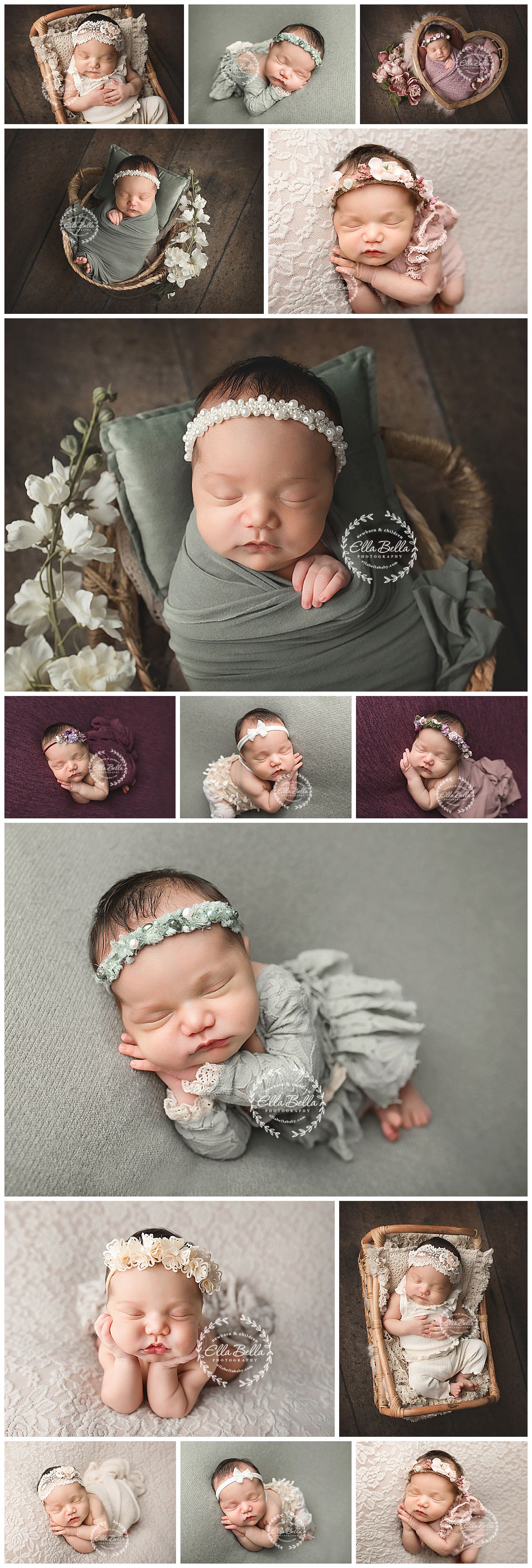Adorable newborn photography collection featuring soft gray wraps, delicate floral headbands, and rustic styling elements.