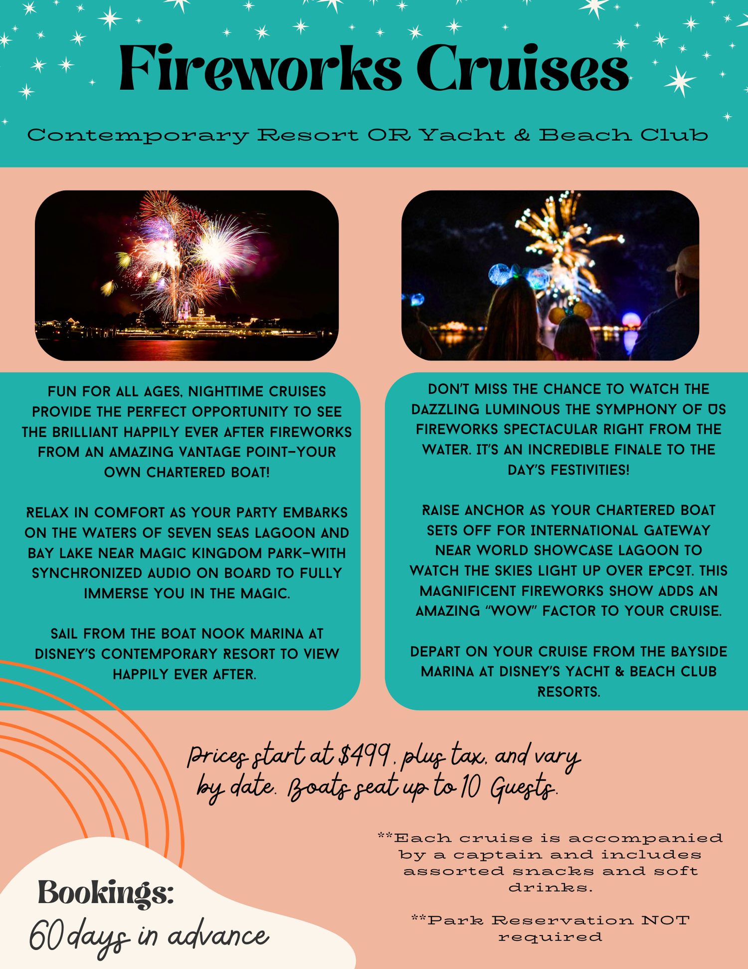 Teal colored fireworks cruise advertisement showing nighttime pyrotechnic displays over water.