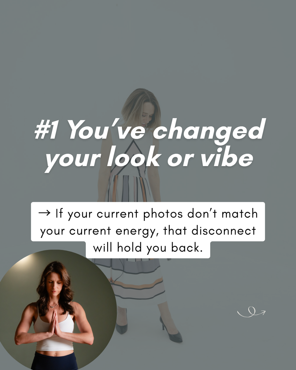 Social media slide showing text about changing your look or vibe with small circular photos and motivational message.