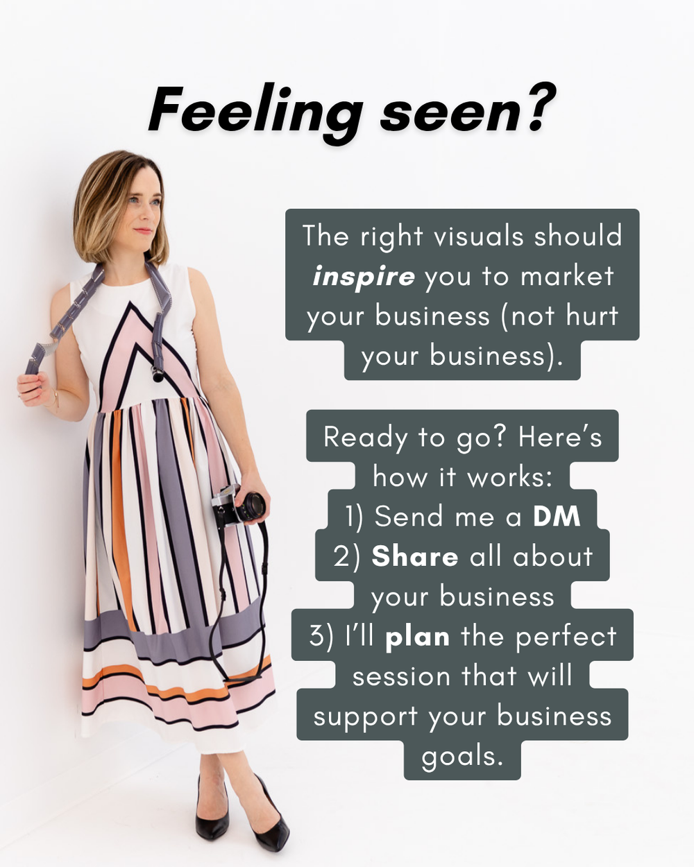 Marketing advertisement showing striped sundress with text overlay about business photography and visual branding services.