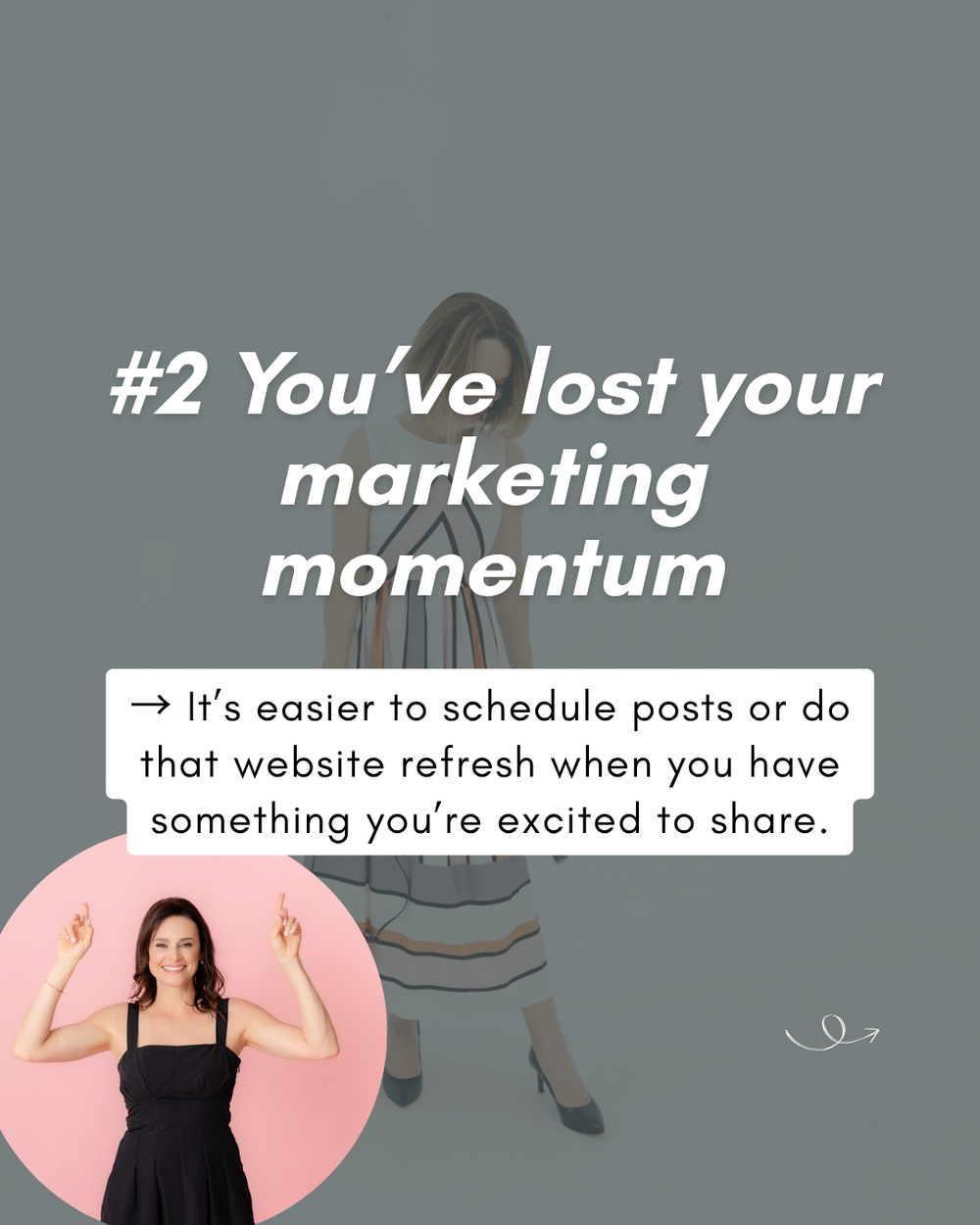 A social media marketing tip about losing momentum shows text and illustration on a gray and pink background.