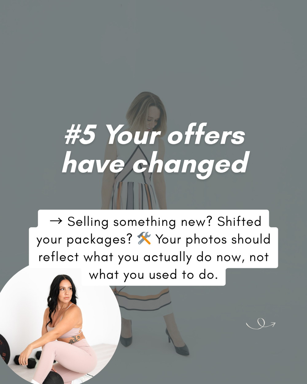 Social media tip screen showing text 'Your offers have changed' with advice about updating photos to match current services.