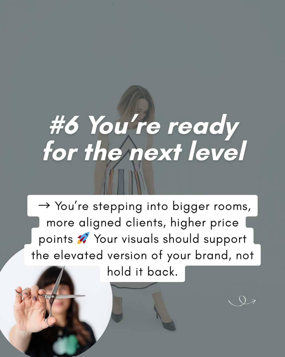 A social media post graphic with text about leveling up your brand with bigger rooms and aligned clients on a gray background.