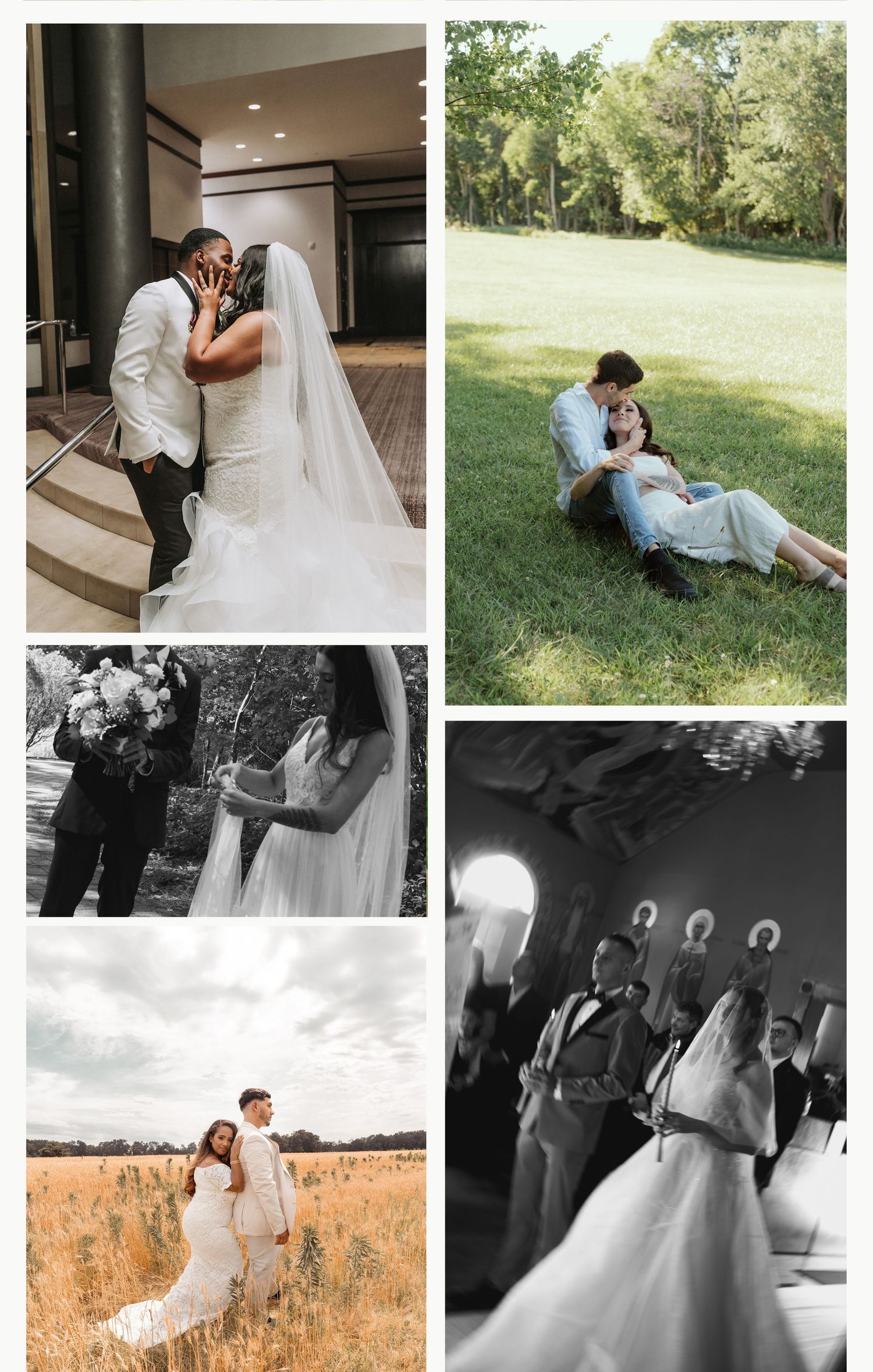 A romantic wedding photo collage featuring couples in intimate poses across indoor and outdoor settings with elegant natural backdrops.