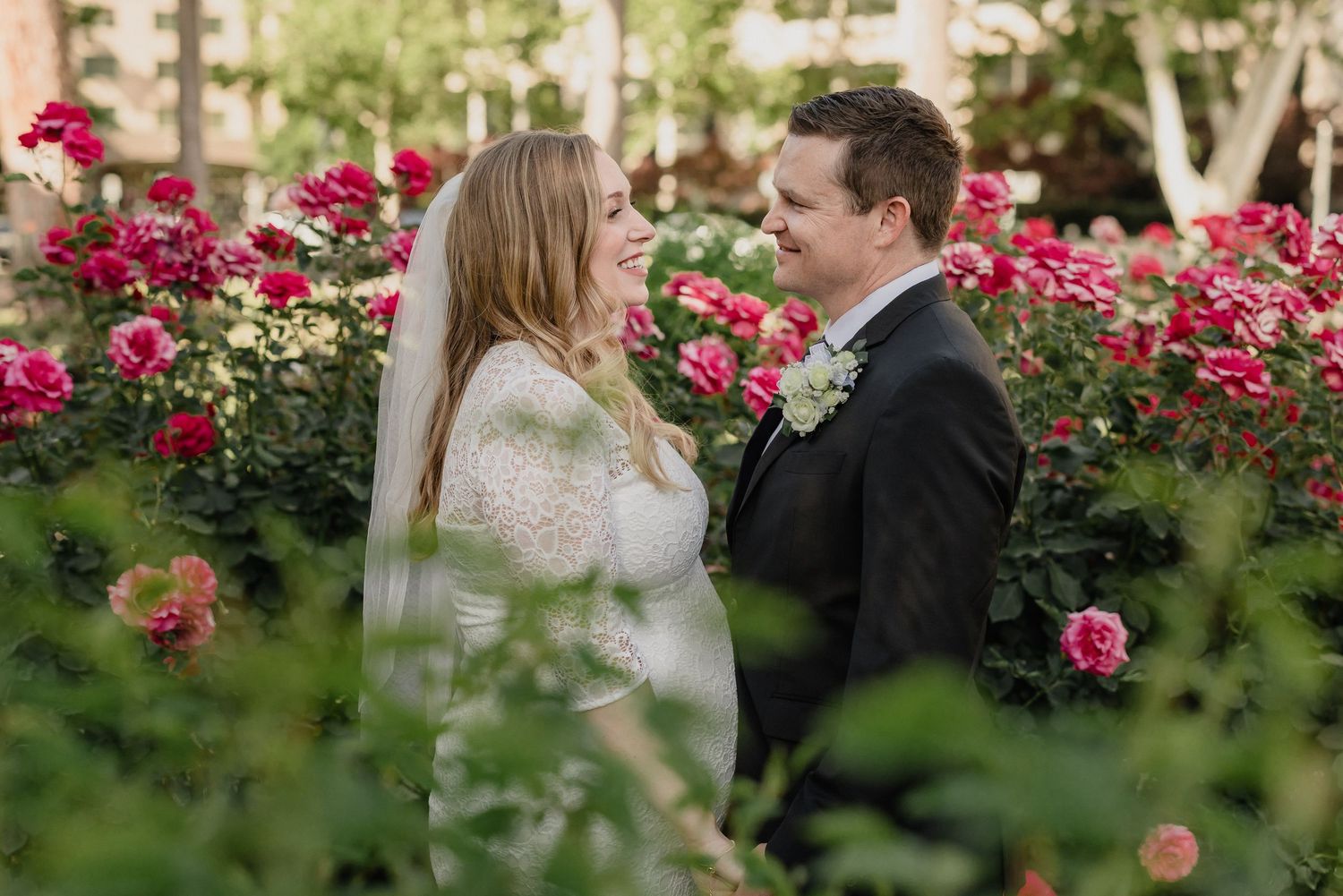 A wedding couple shares an intimate moment surrounded by blooming red roses in a garden setting.