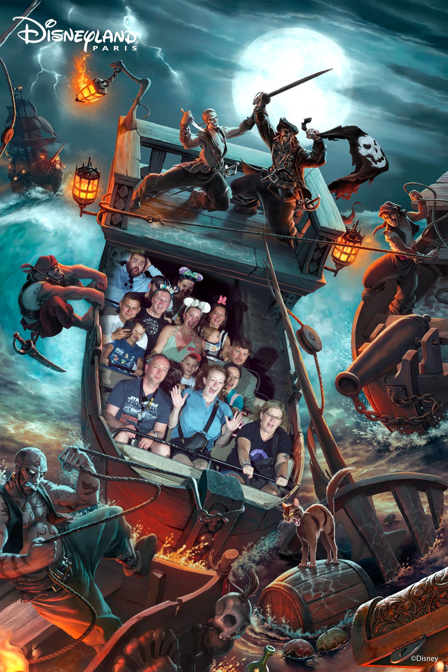 Action-packed promotional photo from a Disneyland Paris attraction showing guests on a pirate-themed ride with dramatic effects.