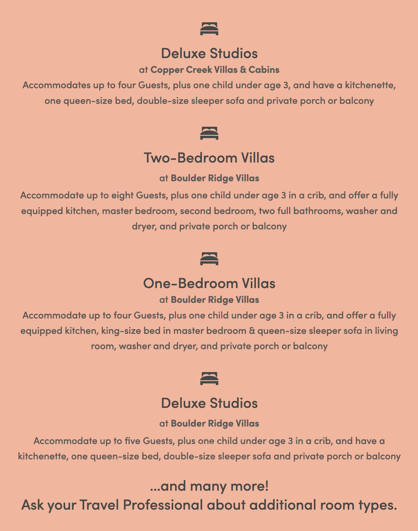 Additional room types menu showing deluxe studios to one-bedroom villa options.
