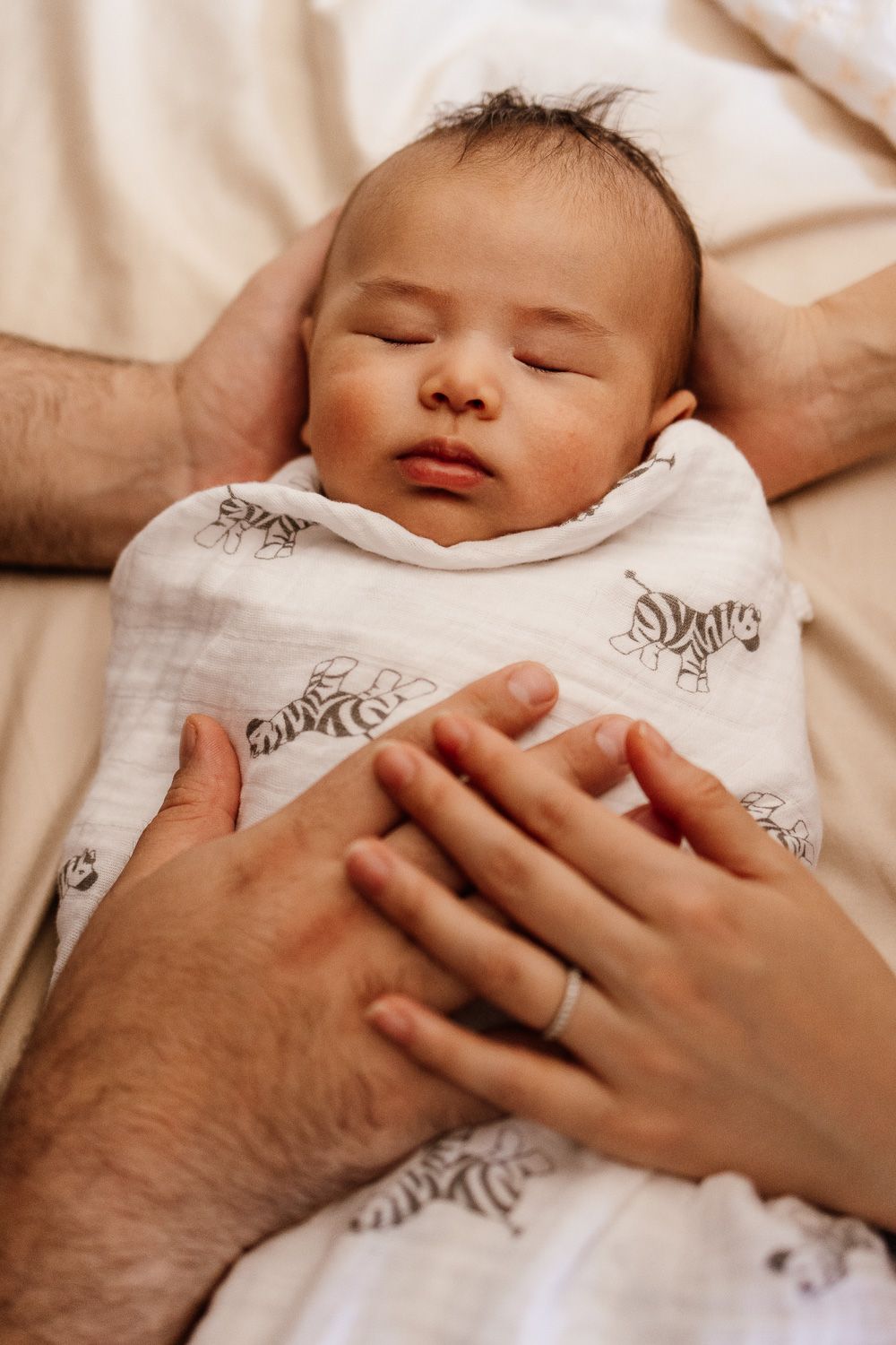 Mom and dad place their hands on baby for close-up