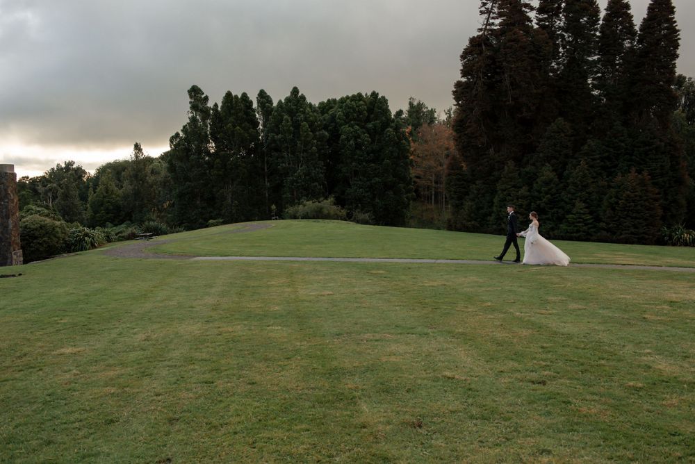 A picturesque wedding venue featuring a sweeping green lawn and tall evergreen trees under dramatic cloudy skies Cambridge New Zealand
