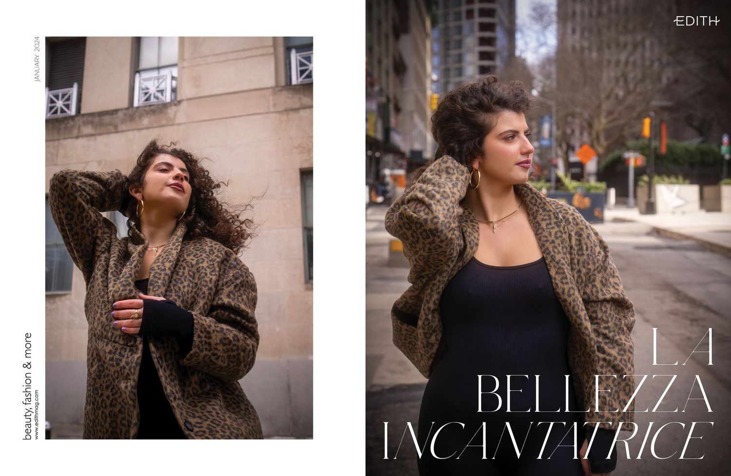 Side-by-side editorial fashion photos featuring leopard print coat in urban setting.