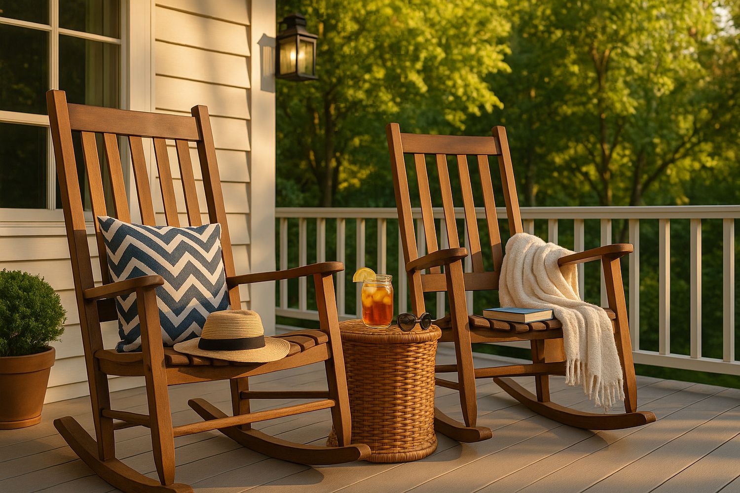 Rustic front porch with wooden rocking chairs and decorative throw pillows at dusk.