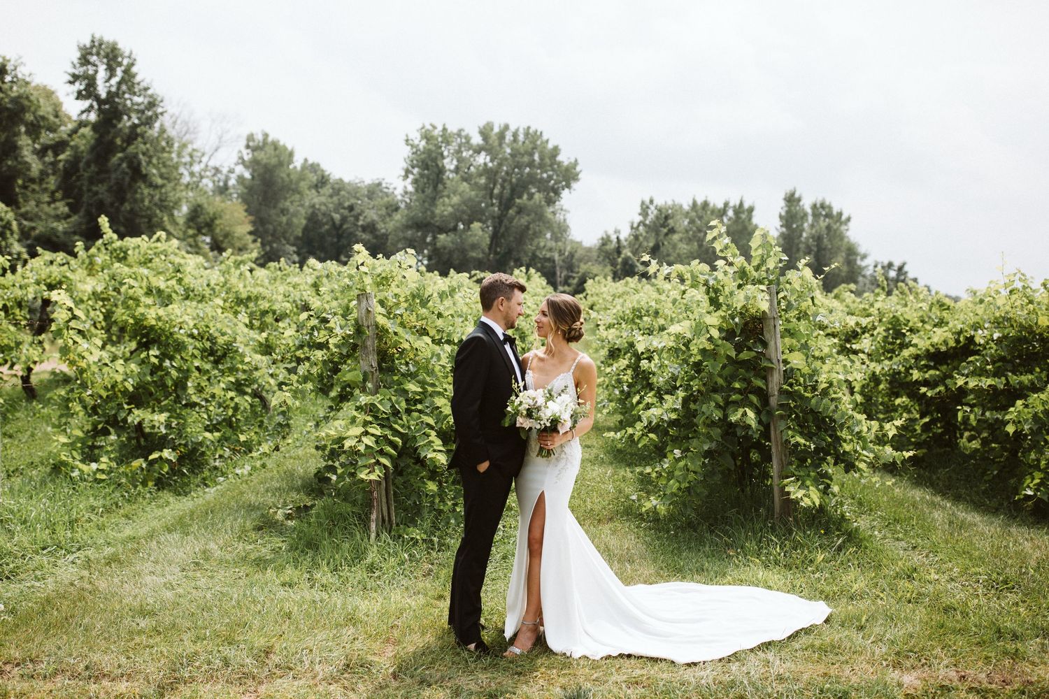 Wedding couple poses in front of lush vineyard on their special day.
