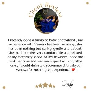 5-star customer review testimonial for maternity and bump to baby photography services with a round profile photo.