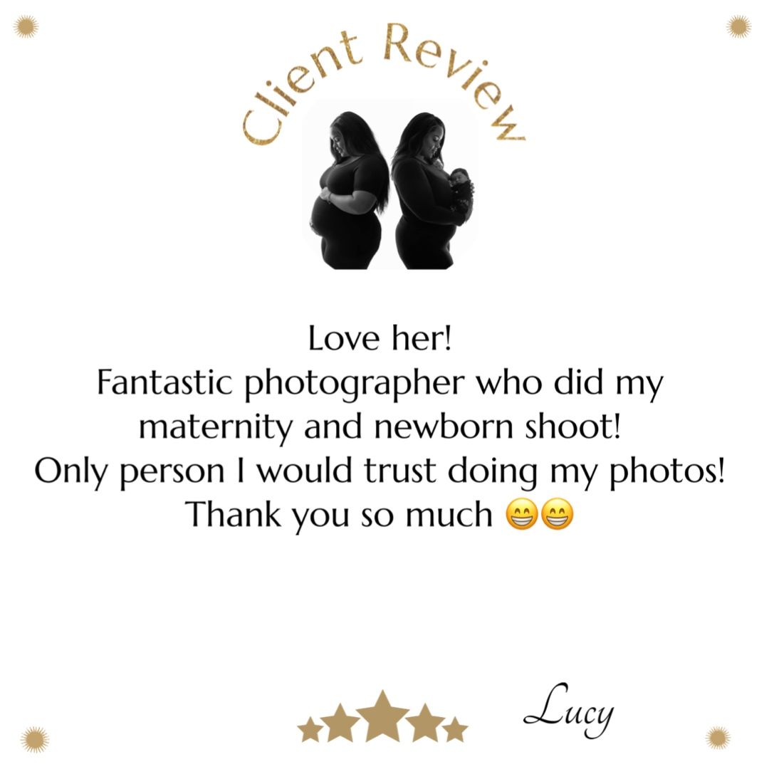 A customer review card with silhouettes of pregnant women and a 5-star rating praising maternity photography services.