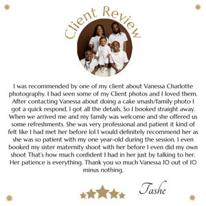A positive client review testimonial for Vanessa Charlotte Photography with 5 stars and circular logo at the top.