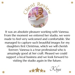 A professional photography studio client review showing a five-star rating and positive testimonial in gold text.