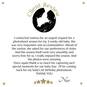A positive client review with gold stars and circular logo design sharing feedback about a newborn photography session.