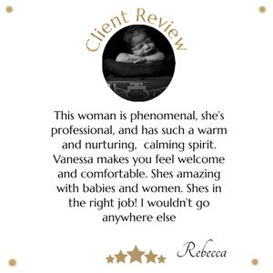 A circular client review design showing a 5-star rating and testimonial praising professional services.