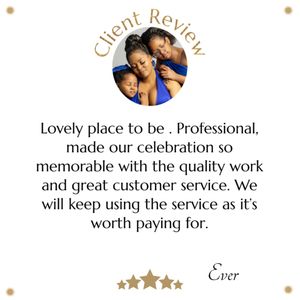A circular client review logo with 5-star rating and positive testimonial about a professional celebration service.