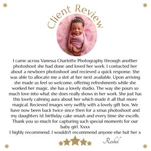 A glowing 5-star client review testimonial with pink circular logo showcasing professional photography services.