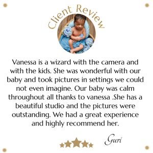 A client testimonial with circular profile photo praising photographer Vanessa's work with baby photography.