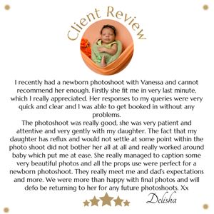 A peach-colored circular client review badge shows a glowing testimonial for a newborn photography service.
