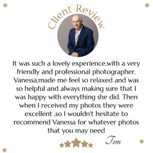 Professional photographer review testimonial displayed in a circular grey frame with 5 star rating and positive feedback.