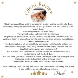 A glowing client review praising photography services for a maternity shoot with details about warmth and professionalism.