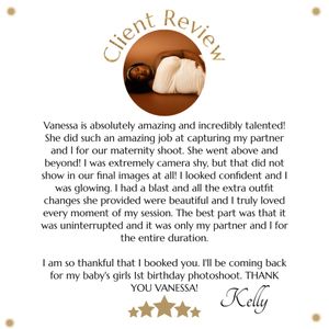 5-star client review testimonial on a round brown logo background sharing appreciation for portrait photography session.