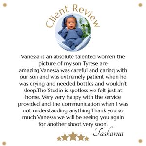 A positive studio review featuring a photo of a baby in blue clothing with comments about caring service.