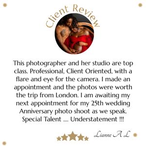 A customer testimonial praising professional photography services with mention of traveling from London for photos.