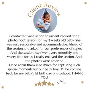 A glowing client review in a circular badge showcasing a 5 star testimonial about baby photography services.