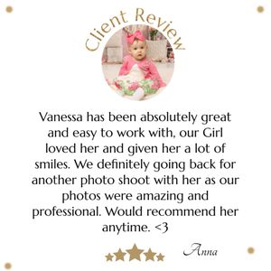 A 5-star client review testimonial on a circular badge praising photography services and professionalism.